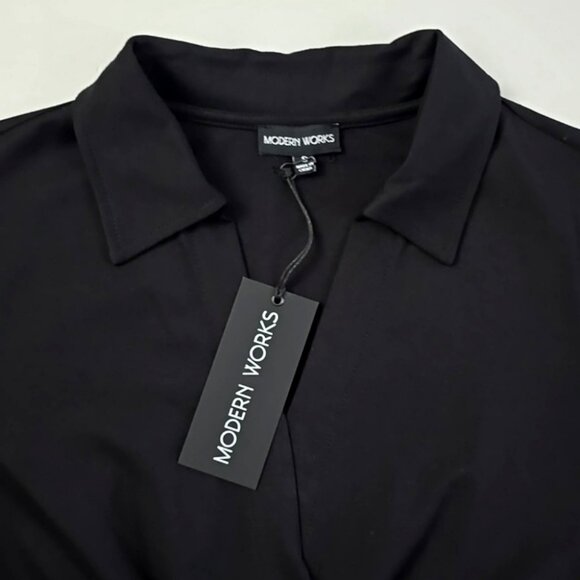Modern Works Women’s Black Long Sleeves Collared Dress Front Twist Size Small - Picture 4 of 14